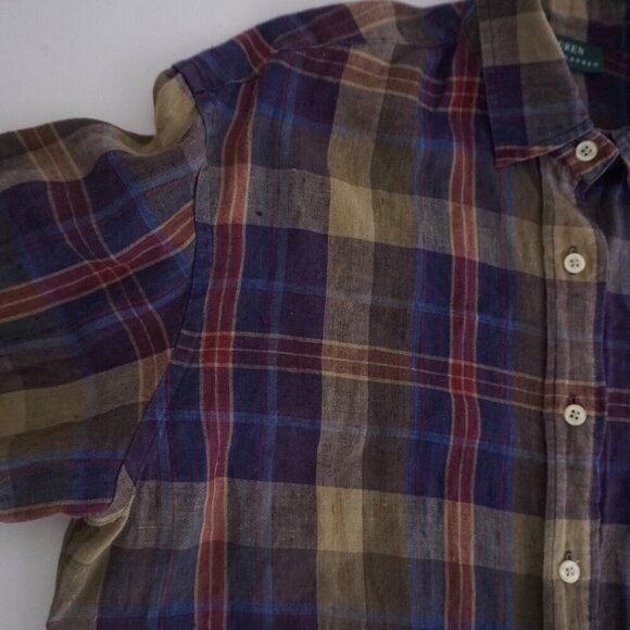 Lauren Ralph Lauren Purple Maroon Plaid Linen Blend Button Up Shirt M - Picture 10 of 12